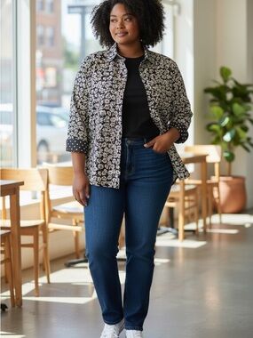 Jones New York Black & White Floral Button-Up Shirt Sz 2x